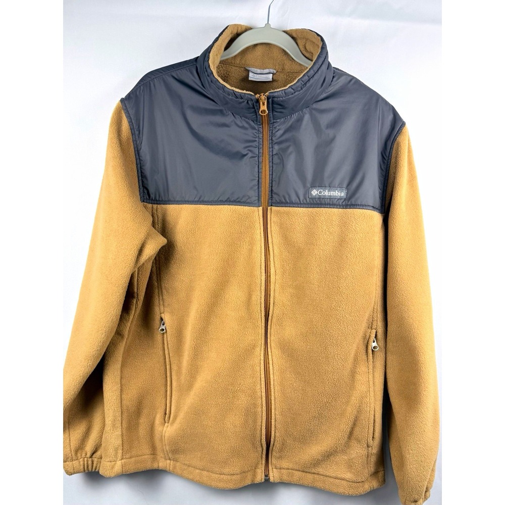 Columbia Men's XL Tan Fleece Jacket Black Nylon Yoke Full Zip Outdoor Gorpcore